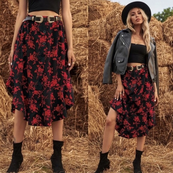 Boho Red Black Ruffle Button Midi Skirt - Picture 5 of 6